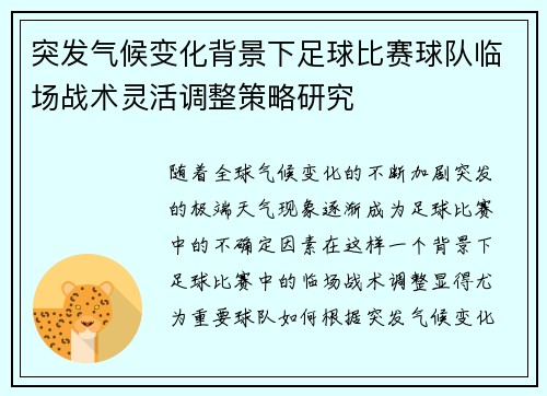 突发气候变化背景下足球比赛球队临场战术灵活调整策略研究 突发气候变化背景下足球比赛球队临场战术灵活调整策略研究